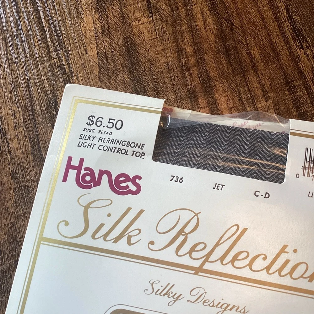 Vintage NEW Hanes Silk Reflections Silky Black Herringbone Control Top Pantyhose
